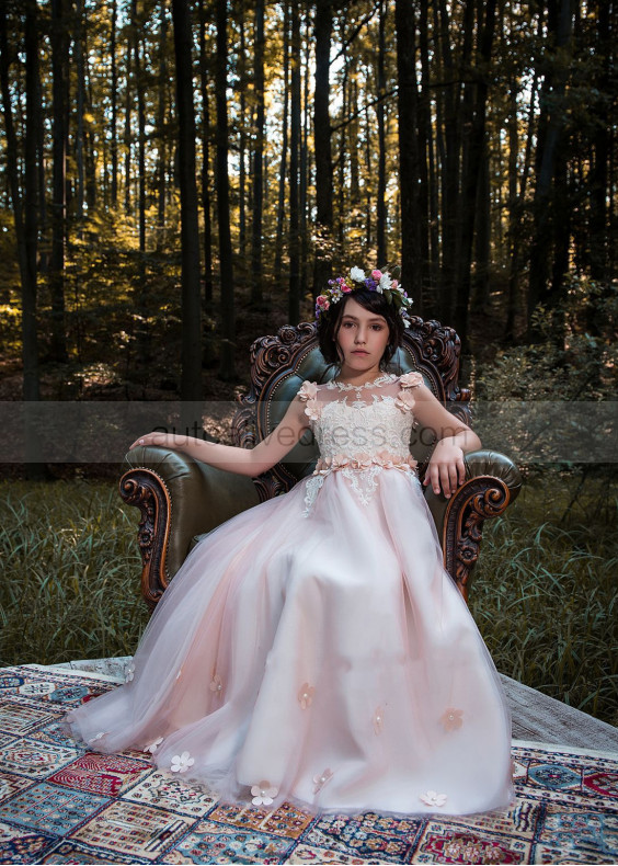 Lace Tulle Corset Back Long Flower Girl Dress Little Bridal Gown